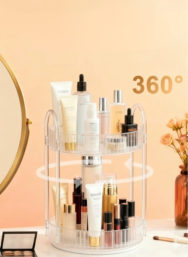 منظمة مكياج وعطور أكريليك دوّارة 360 درجة مكوّنة من طبقتين بسعة تخزين كبيرة – حامل شفاف فاخر لتنظيم وتخزين مستحضرات التجميل والعناية بالبشرة والعطور والكريمات والسيروم وأدوات المكياج بشكل أنيق وعملي على التسريحة أو داخل غرفة النوم والحمام - Image 3